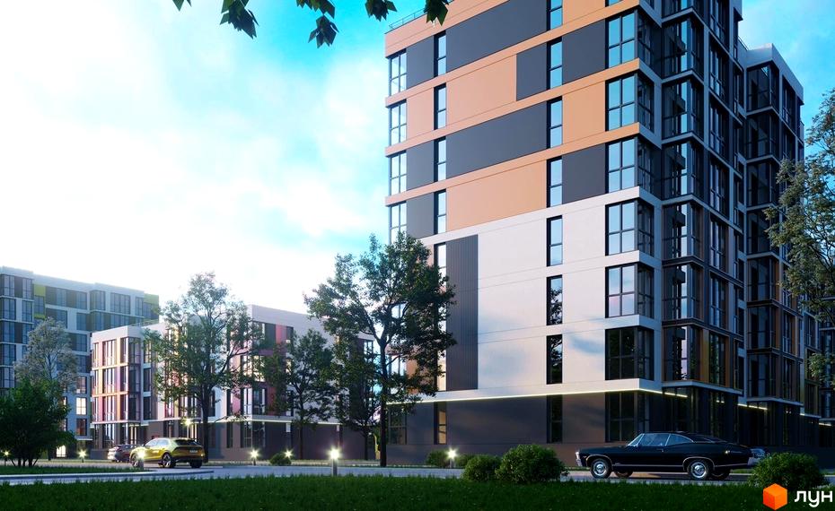 Житловий комплекс Модерніст з фасадами в стилі модерн та прибудинковою територією з деревами та автомобілями.