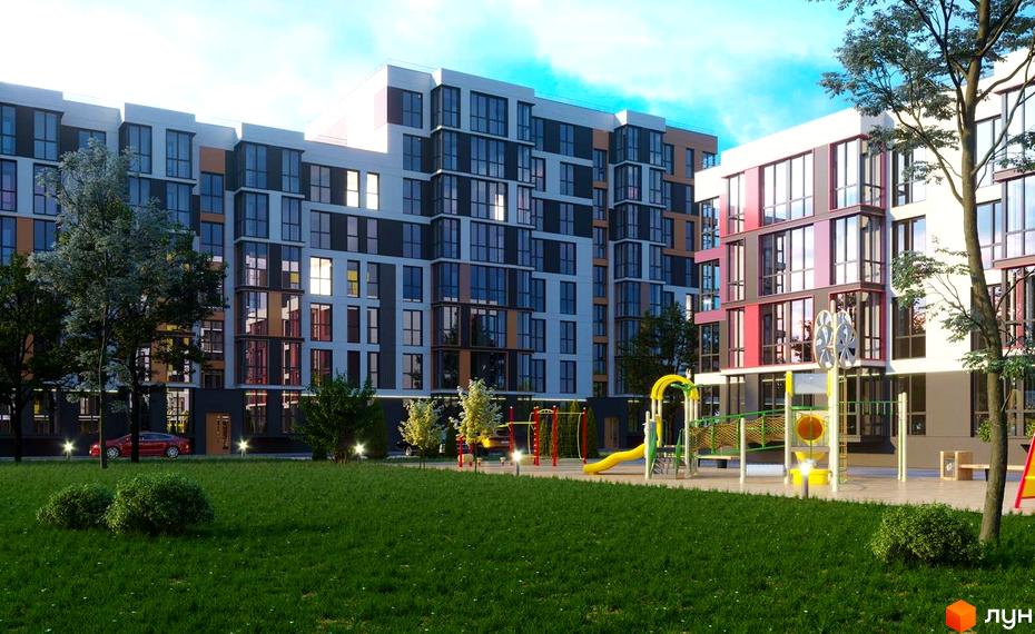 Житловий комплекс Модерніст: фасади будівель з великою кількістю вікон та дитячий майданчик на прибудинковій території.