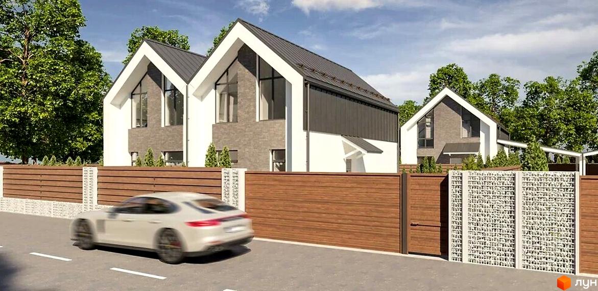 Котеджне містечко КМ New Village: фасади будинків з великими вікнами та двосхилими дахами, огороджена територія з дерев'яним парканом та білими декоративними панелями.