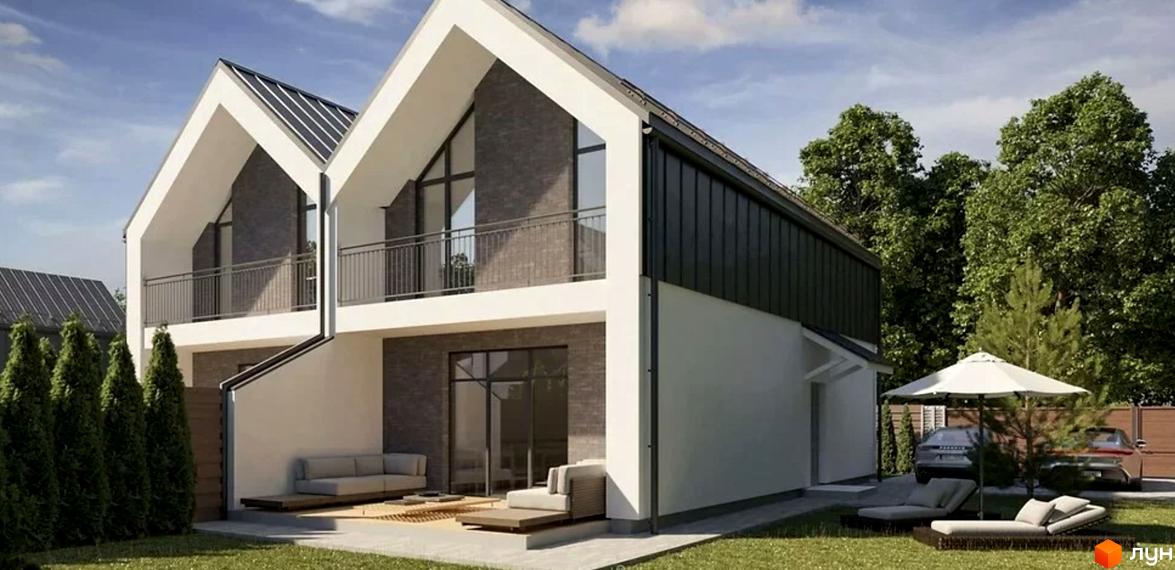 Котеджне містечко КМ New Village: двоповерхові будинки з двосхилими дахами, балконами та терасами. Прибудинкова територія з газоном, деревами та місцем для відпочинку.