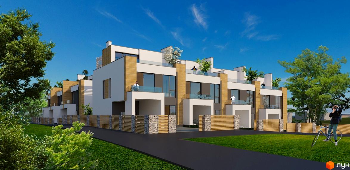 Таунхауси Lake Residence: триповерхові будинки з панорамними вікнами, балконами та терасами, оточені зеленню та огородженою територією.