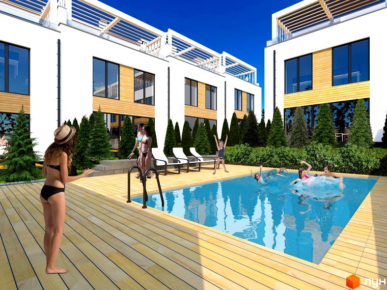 Таунхауси Lake Residence з басейном та відпочиваючими. Сучасні білі будинки з дерев'яними елементами та зеленою зоною.