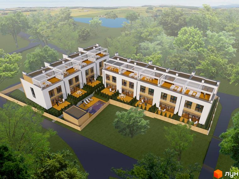 Таунхауси Lake Residence - це сучасний житловий комплекс з вишуканою архітектурою та доглянутою прибудинковою територією з басейном та зонами відпочинку.