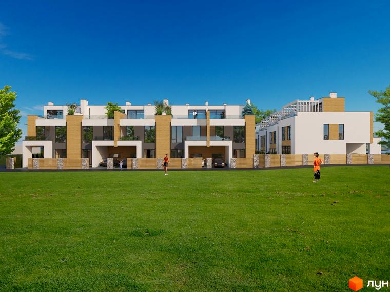 Таунхауси Lake Residence – це сучасна житлова забудова з просторими терасами та великими вікнами, розташована на доглянутій зеленій території з дитячим майданчиком.