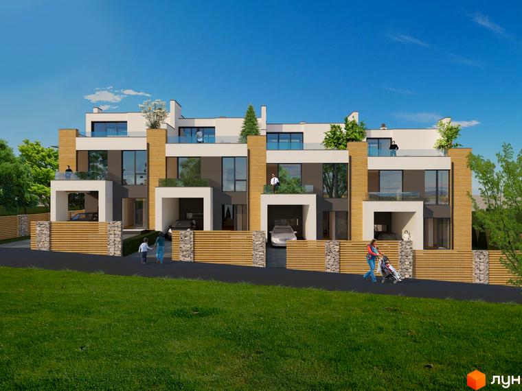 Зовнішній вигляд таунхаусів Lake Residence з дерев'яним оздобленням та скляними фасадами, з прибудинковою територією та зеленим газоном.