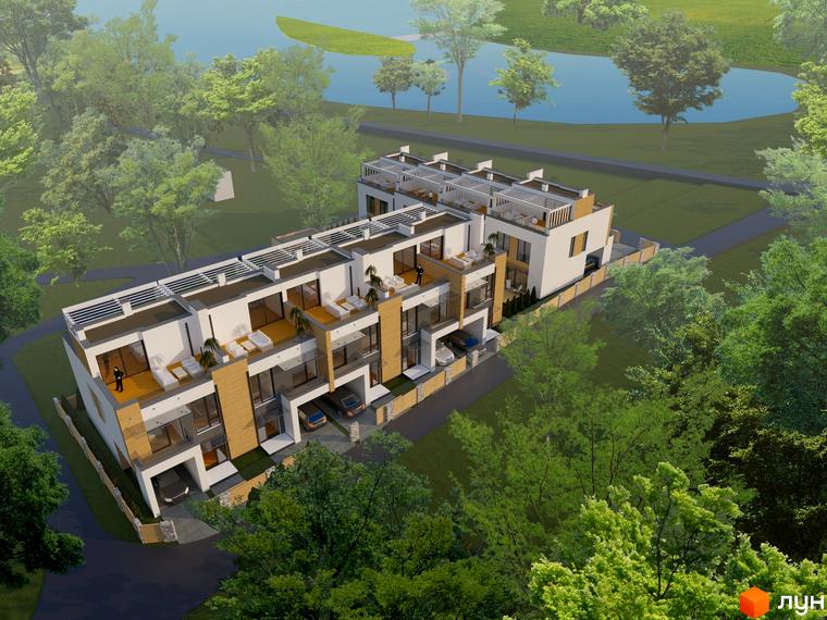 Таунхауси Lake Residence з терасами та паркінгами, оточені зеленню біля озера. Зовнішній вигляд новобудови з елементами дерева та великими вікнами.