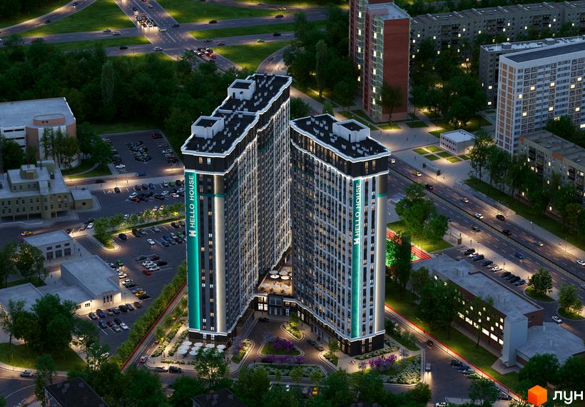 Житловий комплекс Hello House з двома висотними вежами та підсвіченими фасадами, оточений зеленими насадженнями та доглянутою прибудинковою територією з місцями для відпочинку.