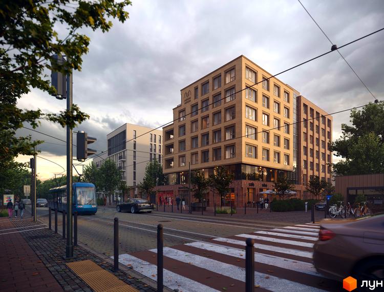 Новобудова ЖК AUROOM LVIVING з цегляним фасадом та великою кількістю вікон, поруч трамвайна лінія та зелена зона.