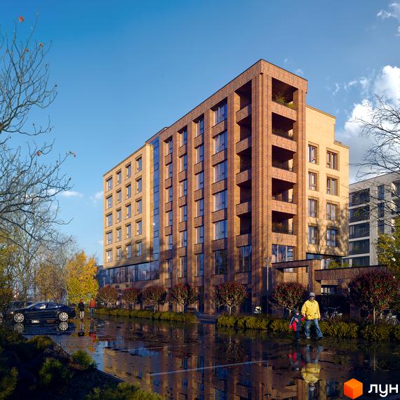 Житловий комплекс AUROOM LIVING з цегляним фасадом та балконами, оточений деревами та відображений у калюжах.