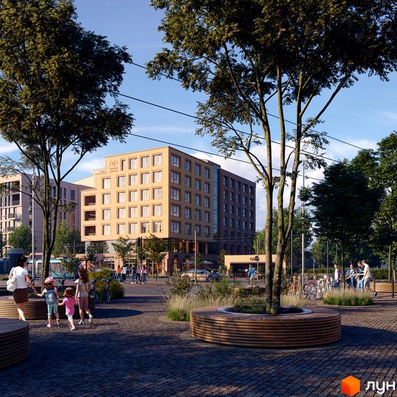 Житловий комплекс AUROOM LVIVING з цегляним фасадом та прибудинковою територією з деревами та лавками.