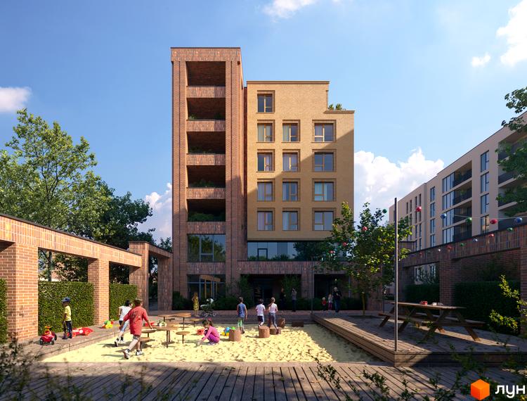 Житловий комплекс AUROOM LIVING з цегляним фасадом та дитячим майданчиком з пісочницею. На території комплексу розташовані дитячі майданчики, зони відпочинку та зелені насадження.