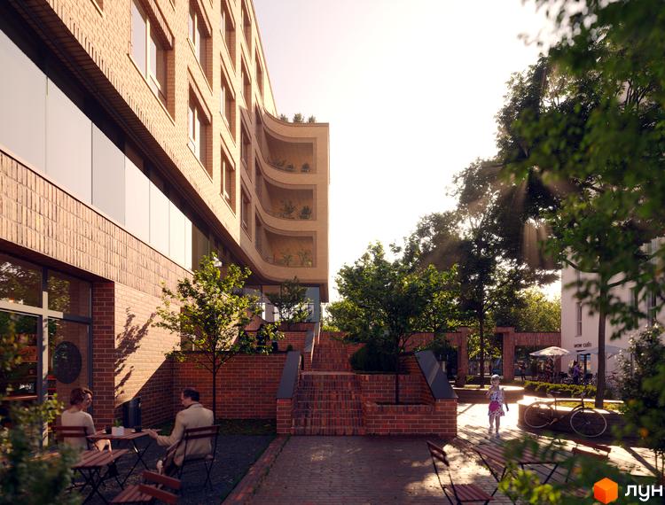 Житловий комплекс AUROOM LVIVING з цегляним фасадом та балконами, що виступають. На прибудинковій території розташовані дерева, лавки та дитячий майданчик.