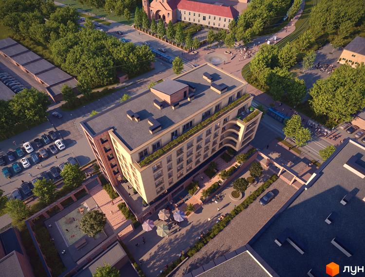 Житловий комплекс AUROOM LIVING з багатоповерховими будинками та прибудинковою територією з дитячим майданчиком та зонами відпочинку.