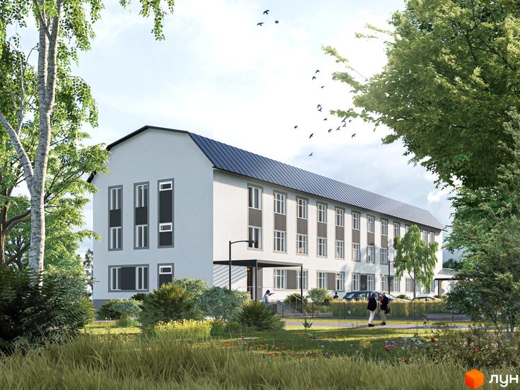 Зовнішній вигляд триповерхового будинку житлового комплексу на вулиці Миру, 17, з зеленими деревами та газоном на прибудинковій території.