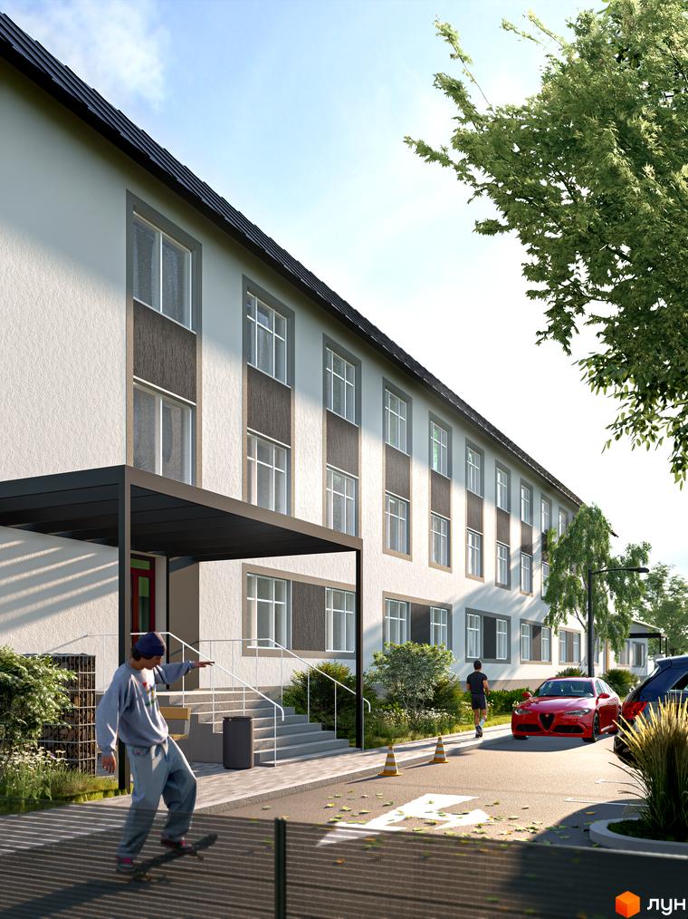 Зовнішній вигляд житлового комплексу на вулиці Миру, 17, з фасадом білого кольору та сірими вставками, з прибудинковою територією, де видно зелені насадження та автомобіль.