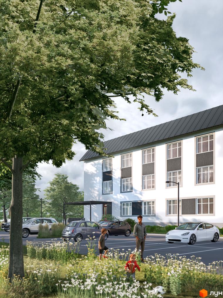 Новобудова на вулиці Миру, 17 з парковкою та дитячим майданчиком. Зелена зона з деревами та квітами навколо будинку.