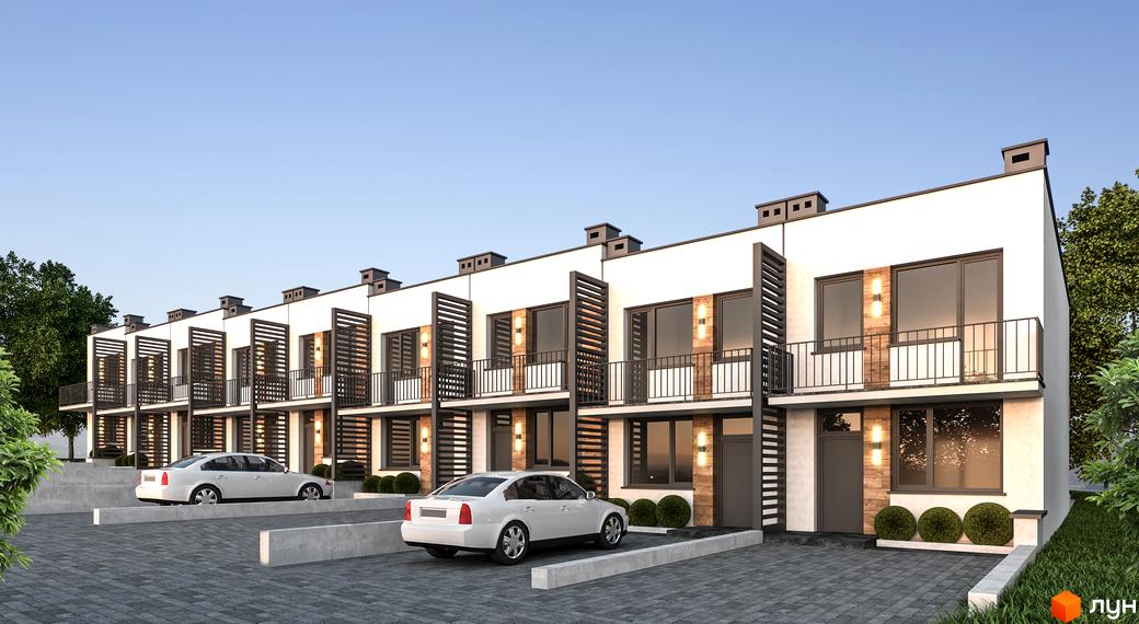Зовнішній вигляд таунхаусів SMART CITY з балконами та паркуванням. Сучасна архітектура новобудови з паркомісцями та зеленими насадженнями.