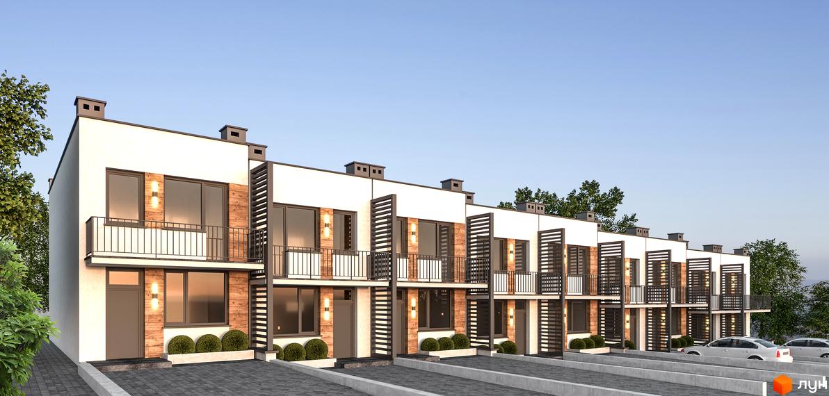 Зовнішній вигляд таунхаусів SMART CITY з сучасним дизайном та балконами. Перед будинками розташована прибудинкова територія з парковкою та зеленими насадженнями.