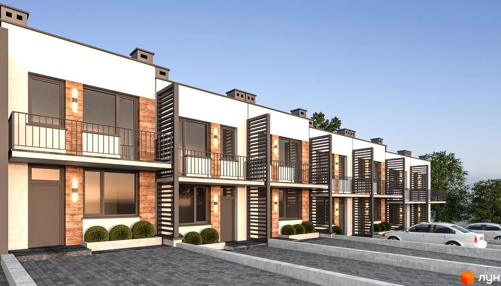 Зовнішній вигляд таунхаусів SMART CITY з балконами та паркуванням. Фасад оздоблений деревом та білою штукатуркою.