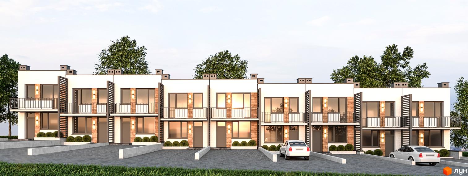 Зовнішній вигляд таунхаусів SMART CITY з балконами та великими вікнами, перед якими розташовані паркувальні місця та зелені насадження.