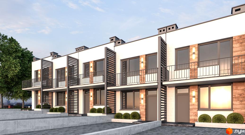 Таунхауси SMART CITY з білими фасадами, дерев'яними вставками та балконами. Перед будинками розташовані акуратні кущі та доріжка з плитки.