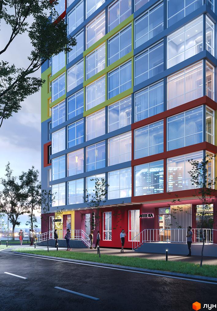 Зовнішній вигляд багатоповерхового житлового комплексу Сусіди-2 з яскравими фасадами та великими вікнами. Навколо будинку облаштована прибудинкова територія з деревами та доріжками.