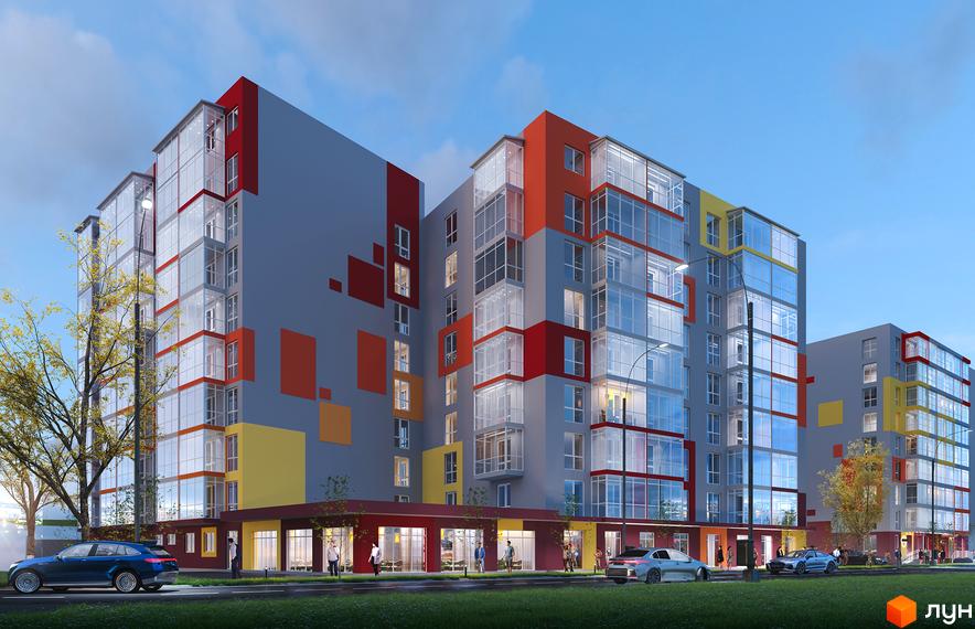 Зовнішній вигляд новобудови ЖК Сусіди-2 з яскравими кольоровими акцентами та скляними фасадами. Навколо будинку облаштована прибудинкова територія з деревами та дорогою.