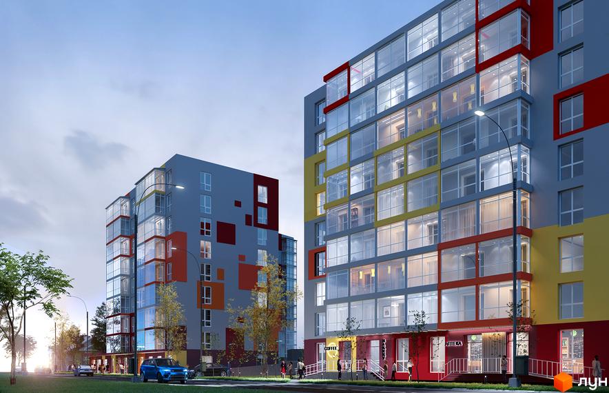 Зовнішній вигляд новобудови ЖК Сусіди-2 з яскравим фасадом та великими вікнами. Навколо будинку розташована доглянута прибудинкова територія з деревами та дорогою.