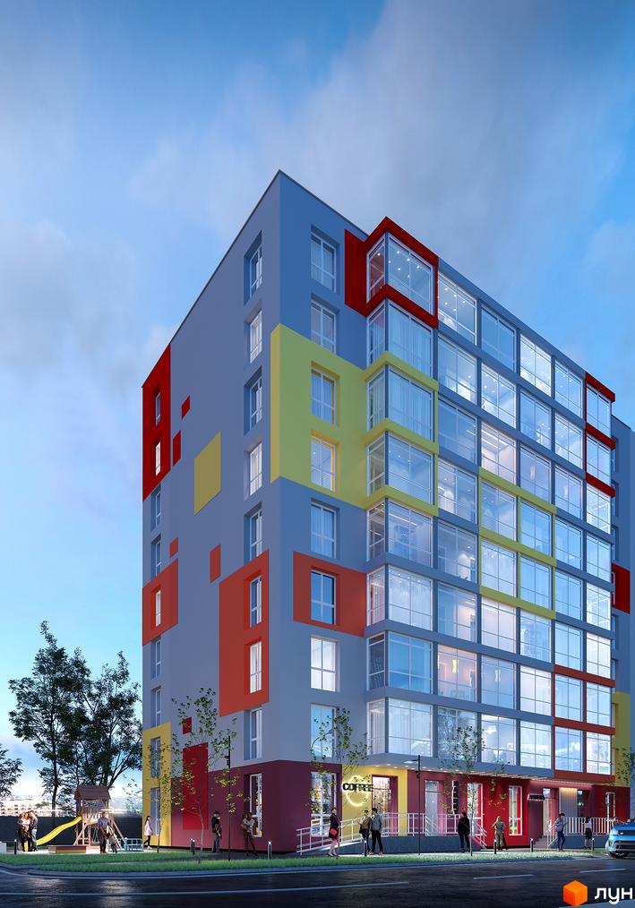 Житловий комплекс Сусіди-2 – це яскрава новобудова з панорамними вікнами та кольоровими фасадами. На прибудинковій території облаштовано дитячий майданчик.