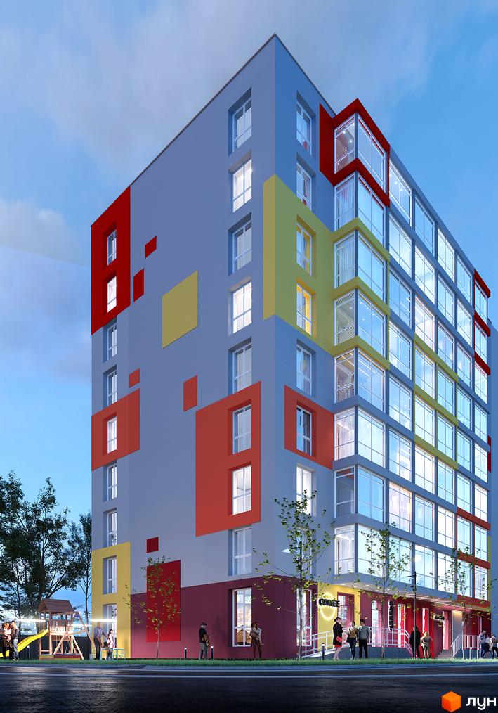 Житловий комплекс Сусіди-2 - це багатоповерхова новобудова з яскравим фасадом та великими вікнами. На прибудинковій території розташований дитячий майданчик та зони для відпочинку.