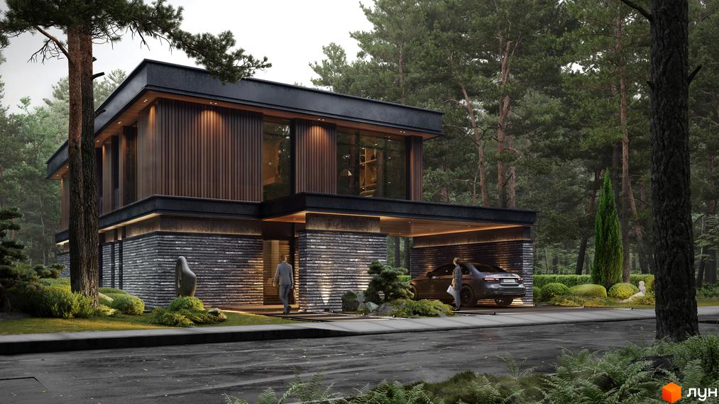 Котеджне містечко КМ SHEPIT VILLAS. Двоповерховий будинок з дерев'яним фасадом та кам'яною основою, розташований серед хвойного лісу.