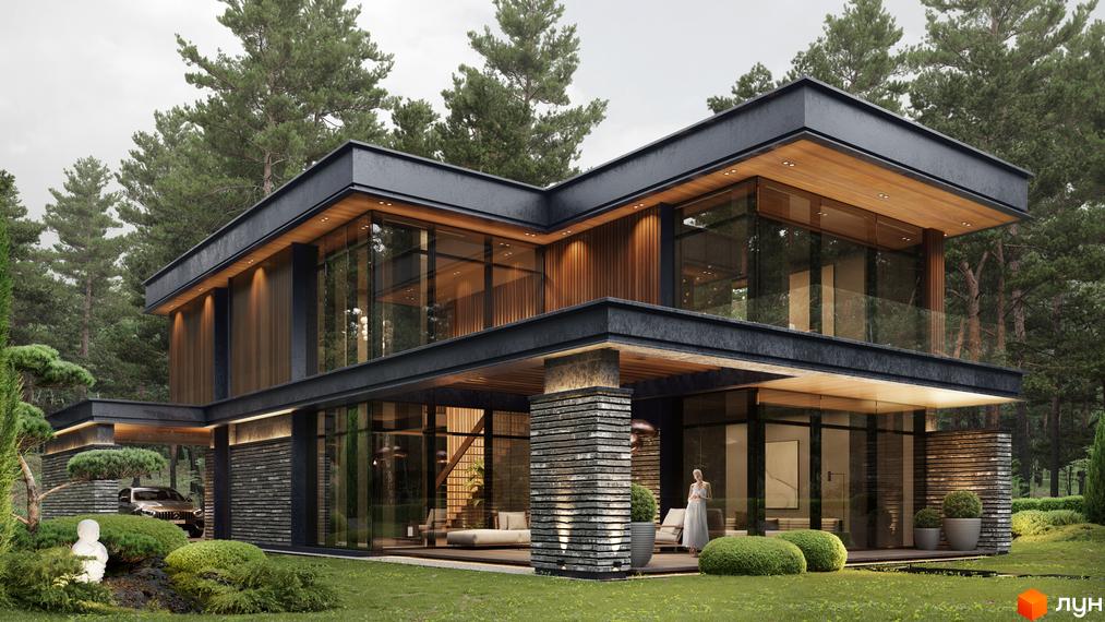 Котеджне містечко SHEPIT VILLAS: двоповерховий будинок з панорамними вікнами та дерев'яними елементами, оточений зеленню та деревами.