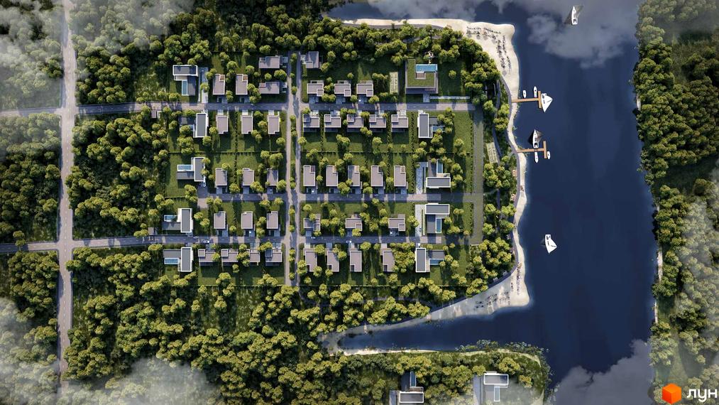 Вид зверху на котеджне містечко КМ SHEPIT VILLAS з будинками та прибудинковою територією біля водойми. Огляньте планування будинків та зелену зону комплексу.