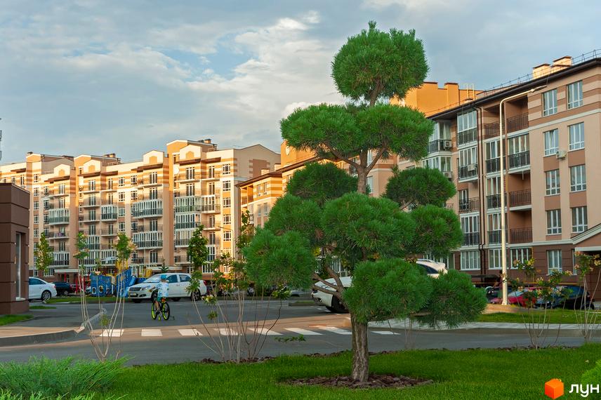 Житловий комплекс Кришталеві джерела. Багатоквартирні будинки з балконами та кондиціонерами. Прибудинкова територія з деревами, машинами та дитячим майданчиком.