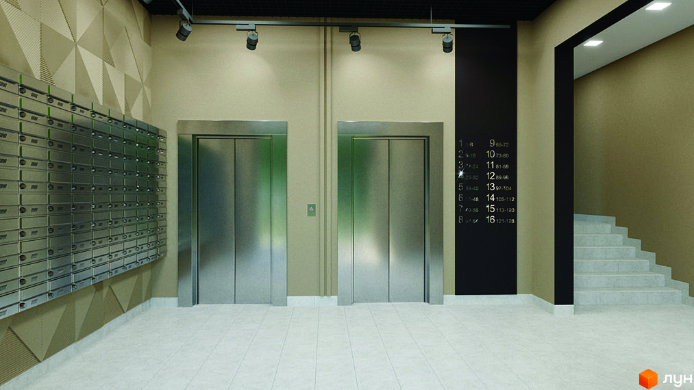 Сучасний хол з двома ліфтами та поштовими скриньками в ЖК Кришталеві джерела. Просторий коридор з сходами веде до верхніх поверхів новобудови.