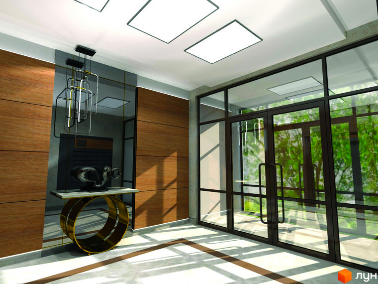 Лобі житлового комплексу Кришталеві джерела з дерев'яними панелями, дзеркальною стіною та великими скляними дверима. Навколо багато зелені.