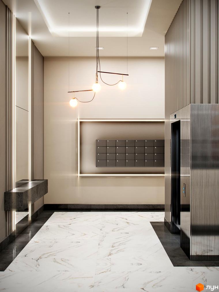 Дизайн холу ЖК Кришталеві джерела з ліфтом та поштовими скриньками. Сучасний вхід у житловий комплекс з мармуровою підлогою та підсвіткою.