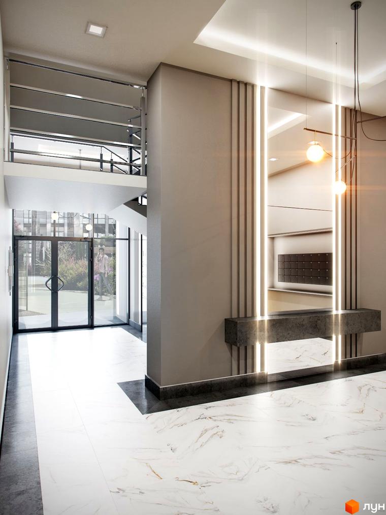 Лобі новобудови ЖК Кришталеві джерела з мармуровою підлогою та дзеркальною стіною. Вхідна група веде на прибудинкову територію з зеленню.