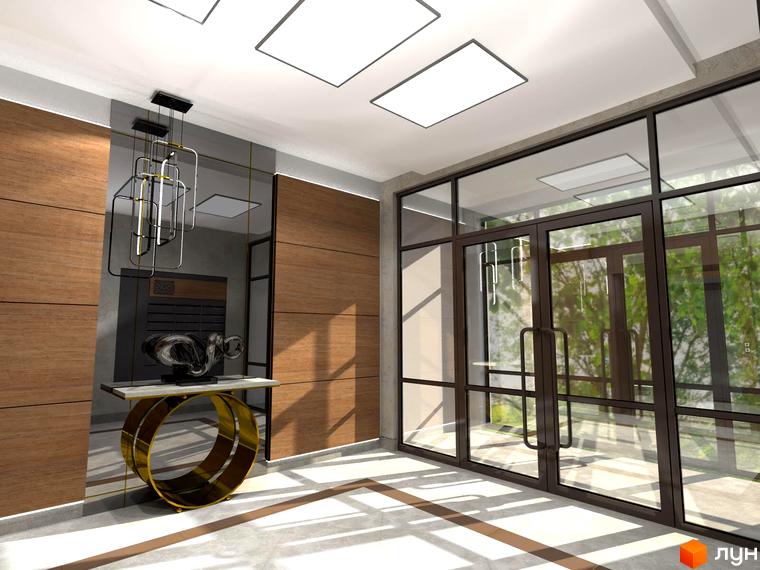 Вхідна група житлового комплексу ЖК Кришталеві джерела з підвісним освітленням та консоллю з декором. Просторий хол з дерев'яними панелями та скляними дверима.