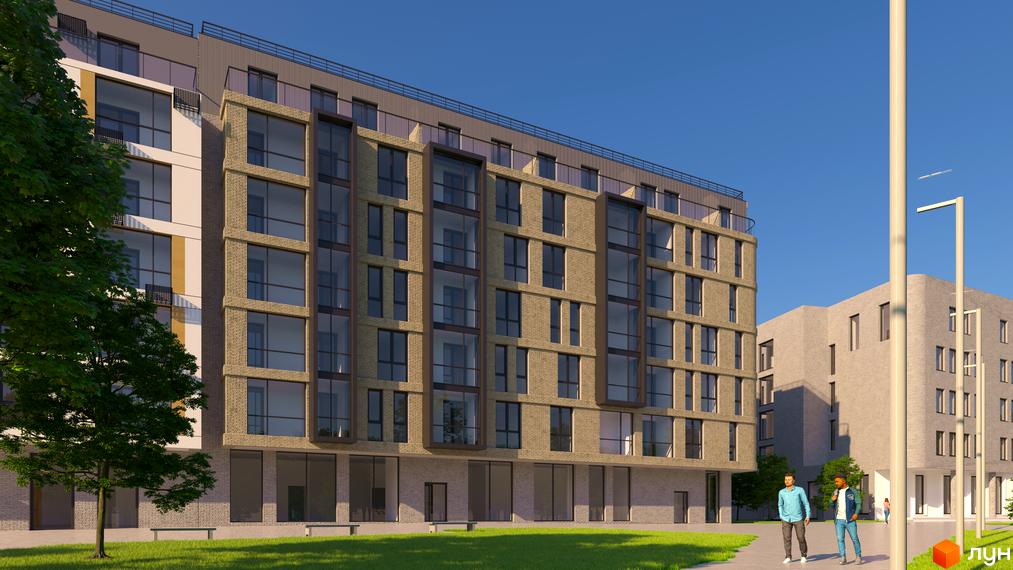 Зображення фасаду Житлового комплексу Еко-дім на Козельницькій з великими вікнами та прибудинковою територією з газоном.