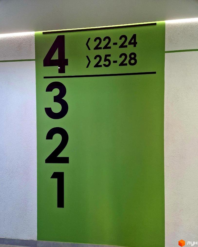 Навігація по поверхах у житловому комплексі Квітковий: номери 4, 3, 2, 1 та позначення номерів квартир. Зелена стіна з чорними цифрами.