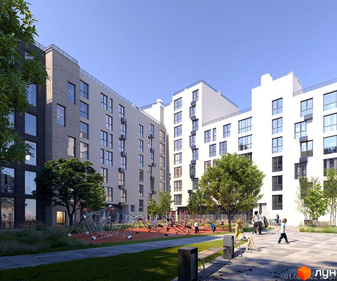 Житловий комплекс Еко-дім на Козельницькій має багатоповерхові будинки зі світлими фасадами. Внутрішній двір облаштований дитячим майданчиком та зеленими зонами.