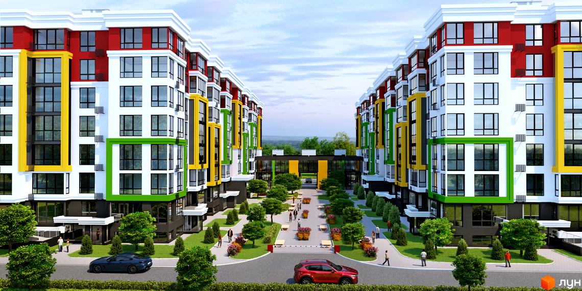 Зображення фасаду та прибудинкової території Житлового комплексу Добре Місто 2. На передньому плані видно автомобілі.