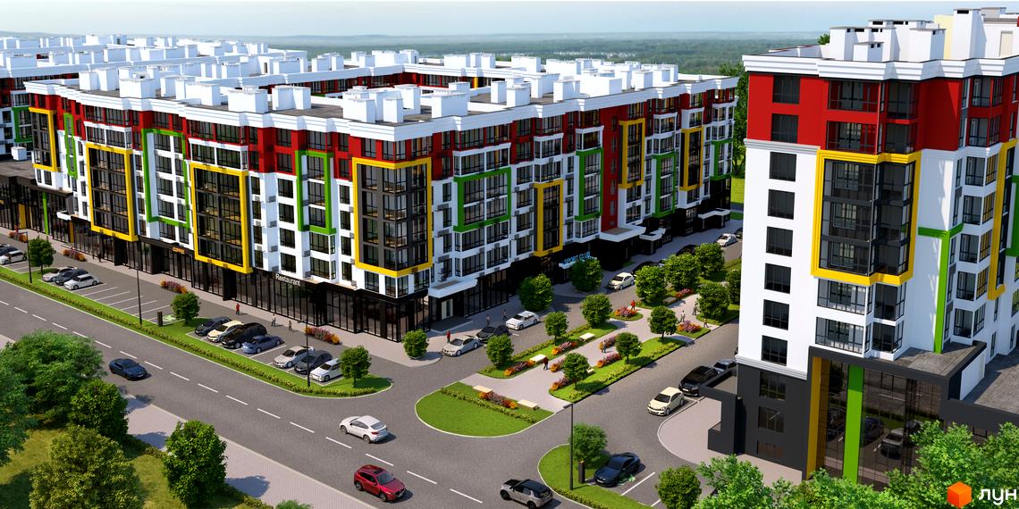 Зображення Житлового комплексу Добре Місто 2: багатоповерхова будівля з кольоровими вставками та прибудинковою територією з паркінгом.