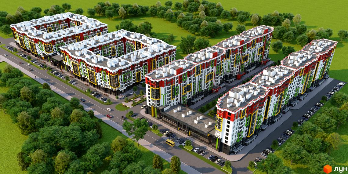 Високоповерхові будинки ЖК Добре Місто 2 з яскравими фасадами та білими дахами. На території комплексу є парковка та зелені насадження.