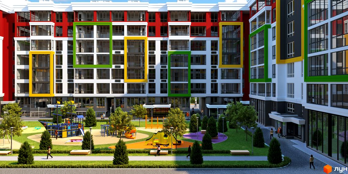 Зображення сторінки ЖК Добре Місто 2. Багатоповерховий будинок з яскравими кольоровими вставками на фасаді та дитячим майданчиком на прибудинковій території.