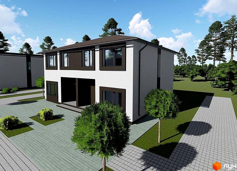 Котеджне містечко КМ Житомирський дворик - 2. Двоповерховий будинок з темними віконними рамами та білими стінами, розташований на доглянутій прибудинковій території з газоном та кущами.