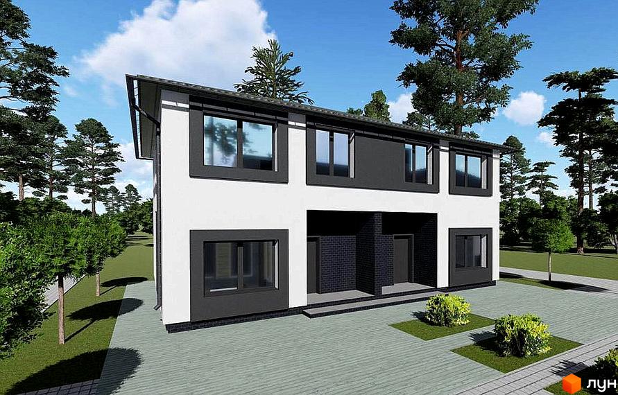 Котеджне містечко Житомирський дворик - 2: двоповерховий будинок з великими вікнами та сірими елементами фасаду, оточений зеленню та доглянутою прибудинковою територією.