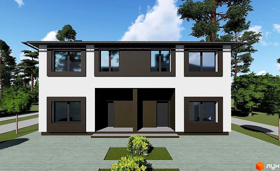 Котеджне містечко Житомирський дворик - 2. Фасад двоповерхового будинку з темними віконними рамами та білими стінами, розташований серед дерев.