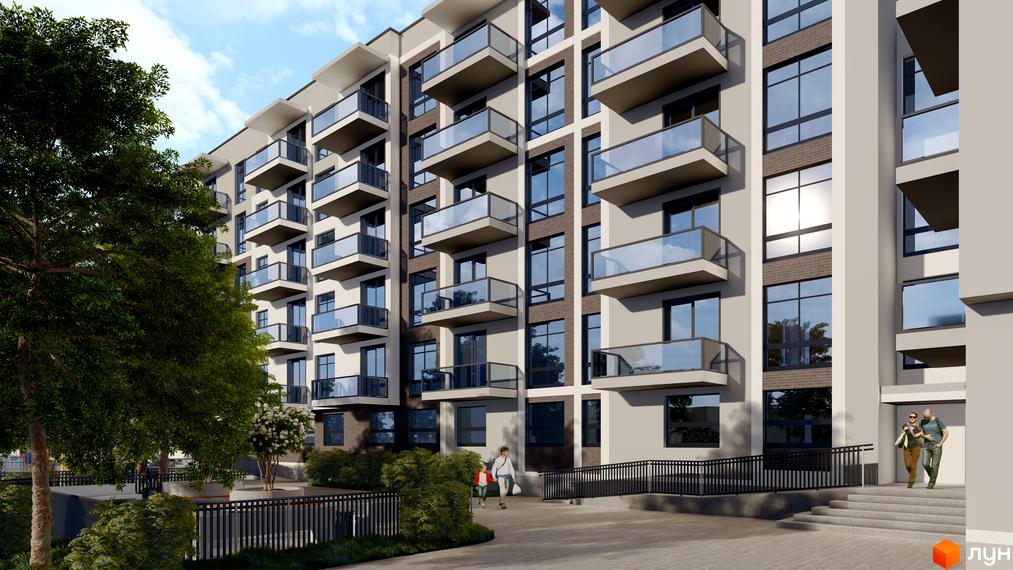 Багатоповерховий будинок Житлового комплексу Південний DELUXE з балконами та великими вікнами. Прибудинкова територія має зелені насадження, доріжки та огорожу.